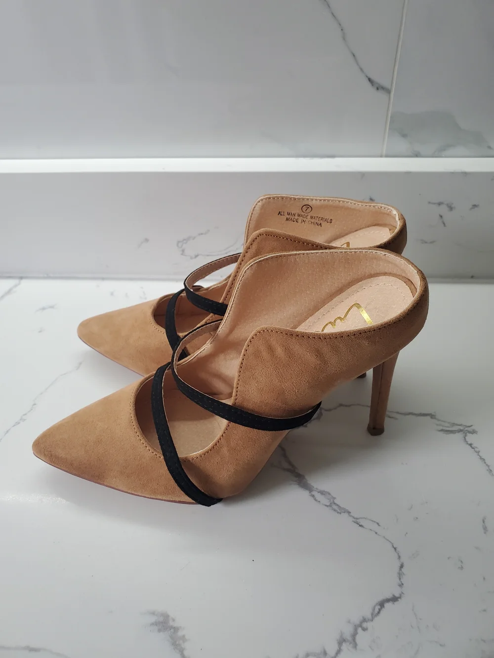 Lulus Suede Pointed Toe High Heels with Black Strap - Tan US7